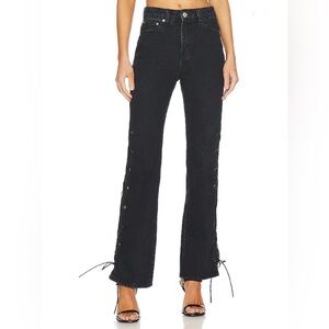 Superdown Jayda High Rise Flare Lace Up Jeans in Washed Black Sz 26